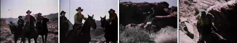 Riders on horses crossing a rocky desert
