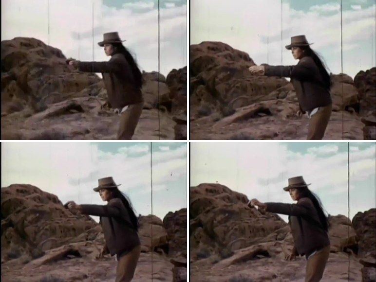 Four frames: a woman points a pistol in a rocky desert